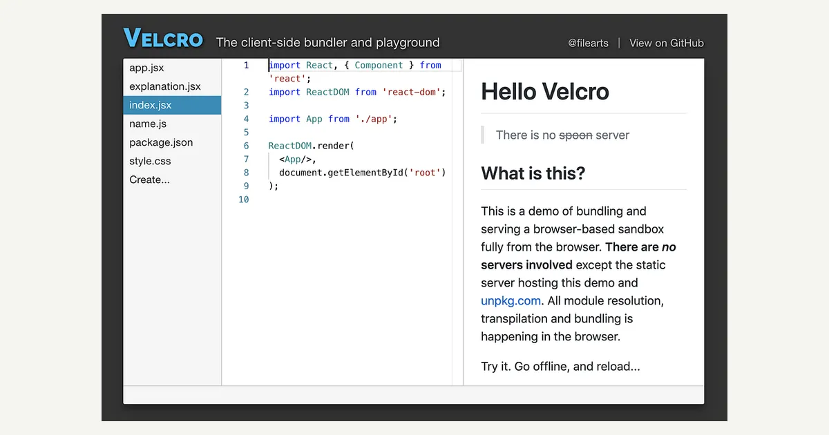 The Velcro browser playground showing React source code beside its rendered output.